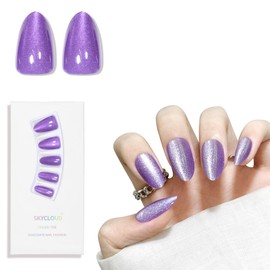 Purple Almond Cat Eyes Press On Nails,12 Sizes - 24 Pcs Soft Gel Grape Purple Medium Fake Nails Kit with Nail Glue, Natural Reusable Stick On False Nails for Women and Girls SK1025