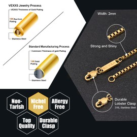 VEXXS Box Chain Necklace, 18K Real Gold Plated Venice Box Chain, Durable No Color Fading Gold Chain 2mm Rolo Chain Necklace Chain for Men Women