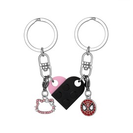 Drogomen Heart Keychain Set for Couples Women Men Best Friend Keychains for Friendship Matching Brick Heart Keychains for Girlfriend Boyfriend Sweet Valentine's Day Couples Gift Ideas (Spider+Kitty)