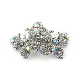 Women's Rhinestone Dual Butterfly Barrette Clip Hair Pin Antique Silver IMB2127, Clear