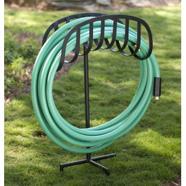 Liberty Garden Freestanding Decorative Powder Coated Steel Manger Garden Hose Holder Storage Stand with 3 Prong Anchor Support, Black