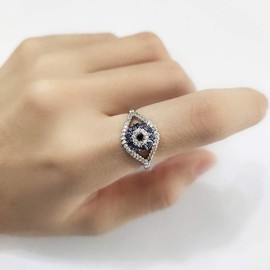 Blue Turkish Evil Eye Cubic Zirconia Rings for Women Girls Statement Band Sterling Silver Plated Chunky Stacking Finger Middle Tail Elegant Sparkly Dainty Fashion Jewelry Mother Bff Birthday Xmas (10)