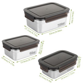 LDHHYH 3PCS Stainless Steel Food Storage Containers with Lids, Stackable Airtight Meal Prep Food Containers Reusable Metal Bento Lunch Box for Kitchen Organization (450ML 1100ML 2500ML)