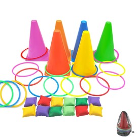 Pack of 36 Ring Toss Game 3 in 1 Children's Carnival Combination Throwing Game with Bean Bags Plastic Tyres Cone Markers and Carry Bag Sack Bouncing