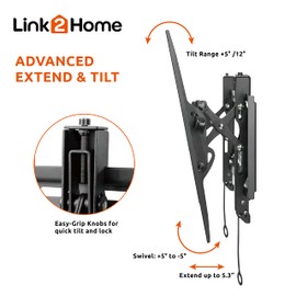 Link2Home Extend & Tilt TV Wall Mount for 42" - 90" TVs, Up to 154 lbs., VESA 600/400, Fits Flat and Curved TVs, Auto Locking Mechanism, Black Aluminum