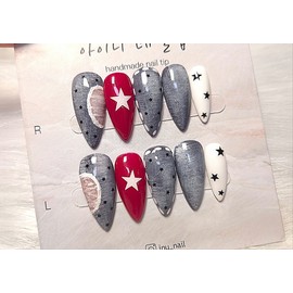 [In-store special discount]No parts trendy denim handmade nail tips - Gyaru Stiletto / [입점초특가할인]노파츠 트렌디한 데님 수제네일팁 - 갸루스틸레토