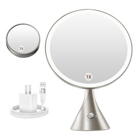 METUEGO 10" Large Lighted Makeup Mirror with Magnification,3 Colors & 10 Brightness Levels,Makeup Mirror with Lights with 90 LEDs,One-Side Seamless Vanity Mirror, Pearl Nickel for Gifts