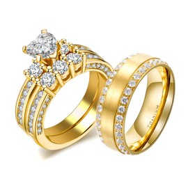 LOVERSRING 3pc His and Hers Couple Ring Bridal Set His Hers Women Yellow Gold Plated Heart Cz Man Titanium Wedding Ring Band Set