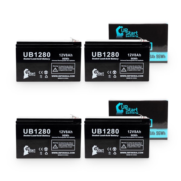 4 Pack - UB1280 Universal Sealed Lead Acid Battery Replacement (12V, 8Ah, 8000mAh, F1 Terminal, AGM, SLA, Includes 8 F1 to F2 Terminal Adapters) - Also Replaces CYBERPOWER CP1500AVRLCD, CP1000AVRLCD