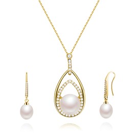 AKOCIDY - Juego de collar y pendientes colgantes de perlas cultivadas en agua dulce para mujer, plata de ley 925, juego de joyas para novia, 18inchs, Oro, nácar