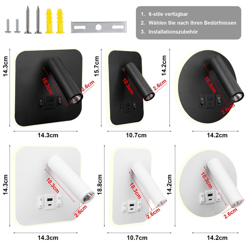 uksunvi LED Reading Lamp Wall Lamp USB Type-C Two Charging