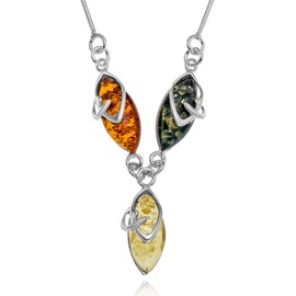 Copal Necklace with Silver Chain and Multicoloured Baltic Amber Teardrop Pendant, Silver, Amber