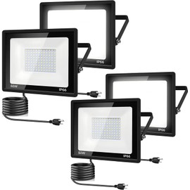 garageangle 4Pack LED Flood Light Outdoor,50W LED Work Light 5500lm with 6FT US Plug,IP66 Waterproof Exterior Security Lights,6000K Daylight White Outside Floodlights Slim Design for Playground Yard