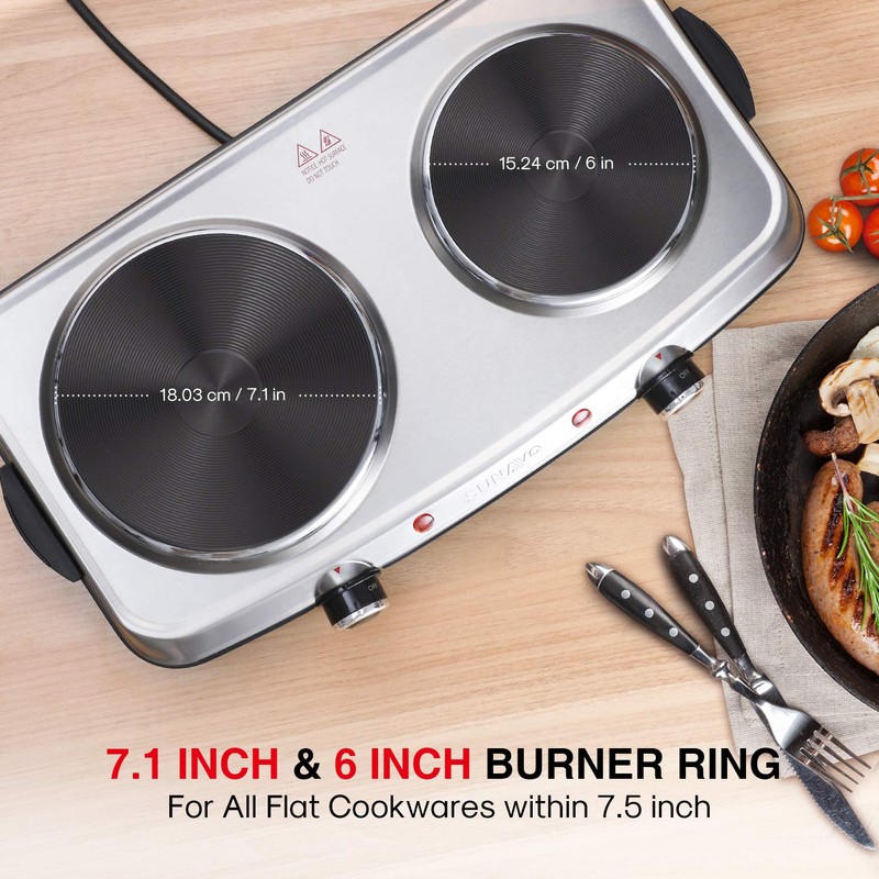 SUNAVO Hot Plates for Cooking, 1800W Electric Double Burner with