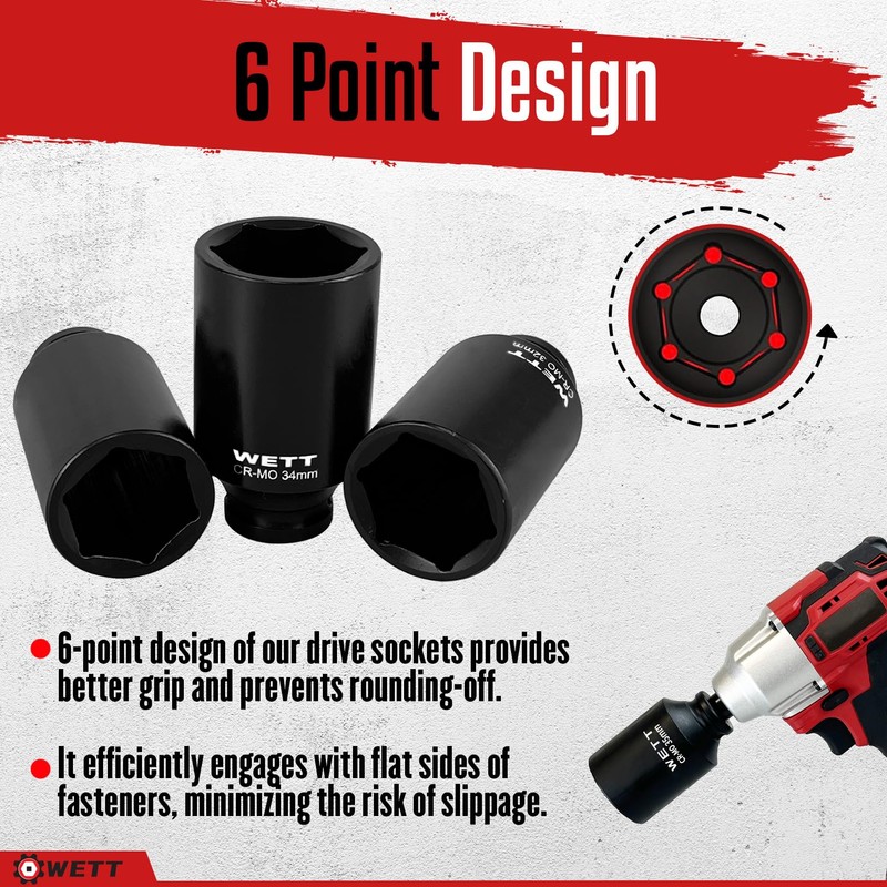 WETT 1/2" Drive Deep Large Impact Socket Set, 11-Piece Spindle