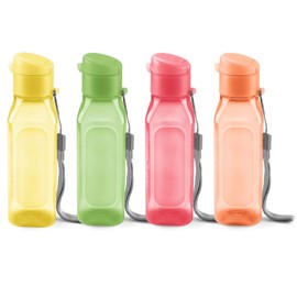 Bulk Water Bottles Set of 4 – 10oz Multicolor Water Bottles for Kids and Adults – Leak Proof Water Bottles with Carry Strap – Square Reusable Water Bottles for Juice, Drinks – BPA-Free Dishwasher-Safe
