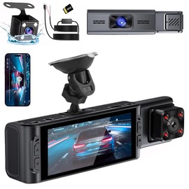 JESWO DashCam WiFi para Auto, 3.16'' HDR 1080P Cámara Carro Delantera Trasera Interior con Vigilancia en Estacionamientos 24H, Tarjeta SD 64GB, Control de App, Visión Nocturna, G-Sensor, WDR