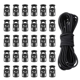 30 Pieces Toggles for Drawstrings and 10m Black Elastic Cord, Plastic Cord Locks Single Hole Spring Toggle Stoppers Fastener Slide for Shoelaces Clothing Camping Equipment Backpack Paracord