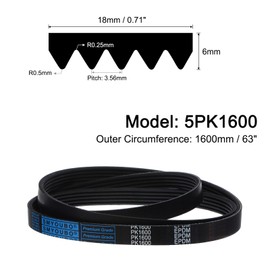 sourcing map 5PK1600 V-Ribbed Belt, 5 Ribs, 1600 mm Length x 18 mm Width x 5 mm Thick, EPDM Poly V Belt, Industrial Transfer Belt