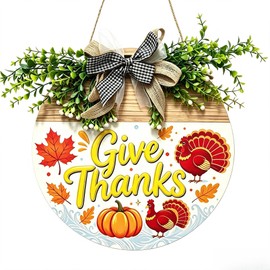 12 Inch Thanksgiving Wooden Wreath Sign, Give Thanks Front Door Hanger