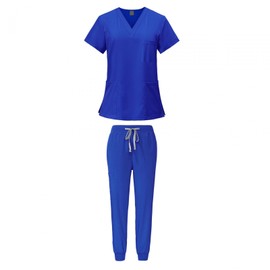 LOVIVER Female Scrub Set Nurse Workwear V Neckline Professional Machine Washable Top and Joggers Pant Work Clothing for Beauty Center, Royal Blue, L