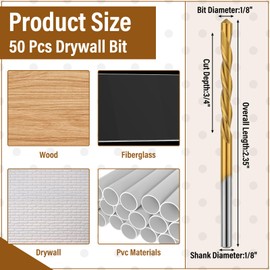 Tondiamo 50 Pcs Drywall Bits Titanium Nitride Drill Bits Drywall Guide Point Cutting Bits Diameter Drywall Bit High Speed Steel Drywall Tools Accessories for Use with Spiral Saw(1/8")