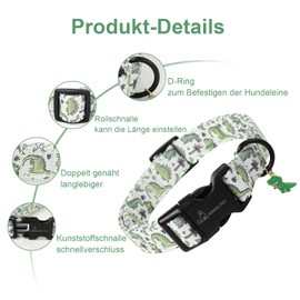 ARING PET Dog Collar, Dog Collar with Green Dinosaurs Printed, Cute Cotton Collar with Quick Release Plastic Buckle for Boys and Girls Dogs