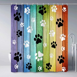 ZZYSKS Dog Paws Shower Curtain Rustic Old Barn Wood Board Black White Cute Dogs Cat Pet Paw Abstract Animal Footprint Pattern Print Modern Bath Decor Curtains with Hooks 70Wx70H Inch