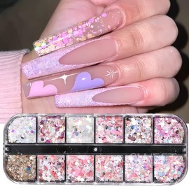 12 Grids Nail Art Glitter Sequins, Holographic Hexagon Chunky Nail Glitter Shiny Heart Mermaid Nail Flakes Sequins Nail Art Supplies Hexagon Nail Charms for Women DIY Acrylic Nails Decoration