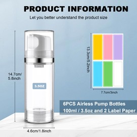 Cosywell Airless Pump Bottlers 3.4oz/100ml 6 Pack Pump Bottle Dispenser Empty Moisturizer Airless Pump Jars Cosmetic Pump Container Travel Pump Bottles for Shampoo Lotion Cream(Clear)