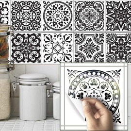 AILEGOU Waterproof Vinyl Wall Tiles Sticker for Home Decor, Self-Adhesive Peel and Stick Backsplash Tile Decals for Kitchen Bathroom Decor, 6x6inch 10 Pcs.(Black Flower)
