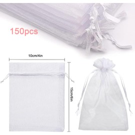 150 Piezas Bolsas de Organza Transparentes, 10 x 15cm Bolsa de Organza de Cordón Organza Bolsas de Regalo para Joyas para Bodas, Cumpleaños, Aniversario, Navidad (Blanco)