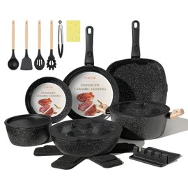 Coicur Ceramic Cookware Set Non Stick Pots and Pans Set Non Toxic with Detachable Handle Induction Kitchen Cookware Set Space Saving, Oven & Dishwasher Safe, Black, 23Pcs