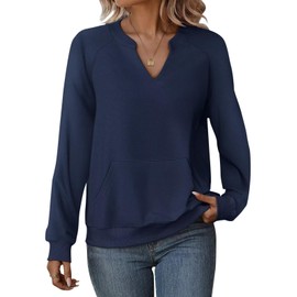 EADINVE Womens V Neck Sweatshirts with Pockets Fleece Pullover Casual Loose Fit Long Sleeve Tops Fall Clothes 2025 Navy