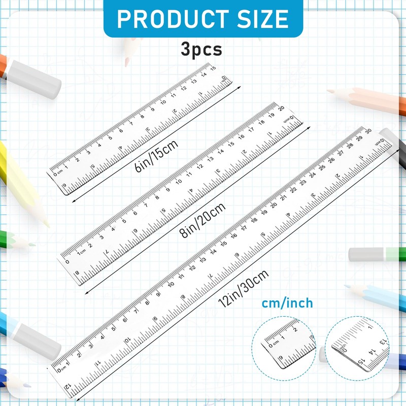 3 Pack 6 Inch 8 Inch 12 Inch Ruler Set