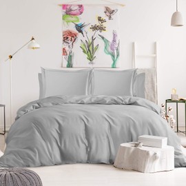 Nestl Bedding Duvet Cover 6-Piece Set - High Thread Count Sheets - Tri-Blend Cotton Deep Pocket Fitted Sheet, Zipper Duvet Cover, 2 Cool Pillow Cases, 2 Pillow Shams - Queen, Silver Light Grey