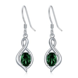 Dangle Drop Earrings 925 Sterling Silver Dainty Infinity Earrings with Simulated Emerald Green Oval Gemstone Birthstone Christmas Birthday Gifts for Her Women