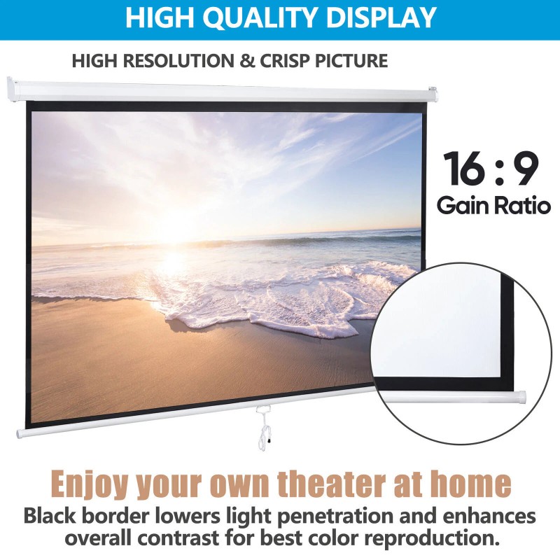 SEGAWE 100" Diagonal Projection 16:9 Projector Screen HD Manual Pull