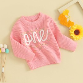 MAHUAOYIXI Baby Girl First Birthday Sweater Casual Long Sleeve Crew Neck Letter Embroidery Ribbed Knit Pullover Sweater Toddler Clothes Knitwear Girls Birthday Gift (Pink, 12-18 Months)