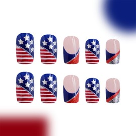 4th of July Press on Nails Medium Square Shape Fake Nails Independence Day Glue on Nails Glossy Red Blue Glitter French Tip Full Cover False Nails Star American Flag Artificial Nails for Women 24Pcs