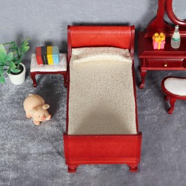 Healifty Dollhouse Bed Wooden Mini Red Single Bed Miniature Vintage Furniture Model Toy 1:12 Dollhouse Bedroom Living Room Accessories Micro Landscape Decoration