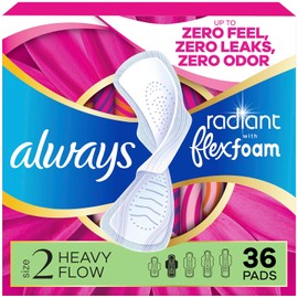 Always Radiant FlexFoam Almohadillas para mujer, talla 2, pesadas con alas, aroma ligero y limpio, 36 unidades