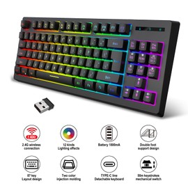 87 Keys Wireless Gaming Keyboard and Mouse Combo, RGB Backlit, Rechargeable 1800mAh Battery, Mechanical Keyboard + 2400DPI Mice for PC Gamer (Black)