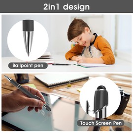Cobee Ballpoint Pen with Stylus Tip, 6-Piece Retractable Ballpoint Pen, 1.0mm Black Ink, Responsive Click Metal Pens with Black Ink, 2 in 1 Stylus for Touch Screens (Black)