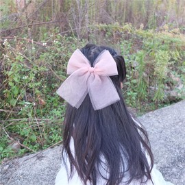 Large Tulle Bow Hair Clips for Baby Girls Lace Hair Bow Teen Girls Women Lightweight Gauze Dress Bow Hair Barrettes Accessories (Pink and White Floral)