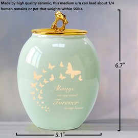 LINES ARTE Medium Urns for Human Ashes, 6.7x5.2Inch Ceramic Medium Size Butterfly Decorative Cremation Urns for Ashes Adult Female/Mom/Women