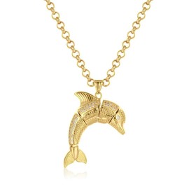 THE BLING KING New Gold-Plated Dolphin Pendant with Stones on 24-Inch Belcher Chain