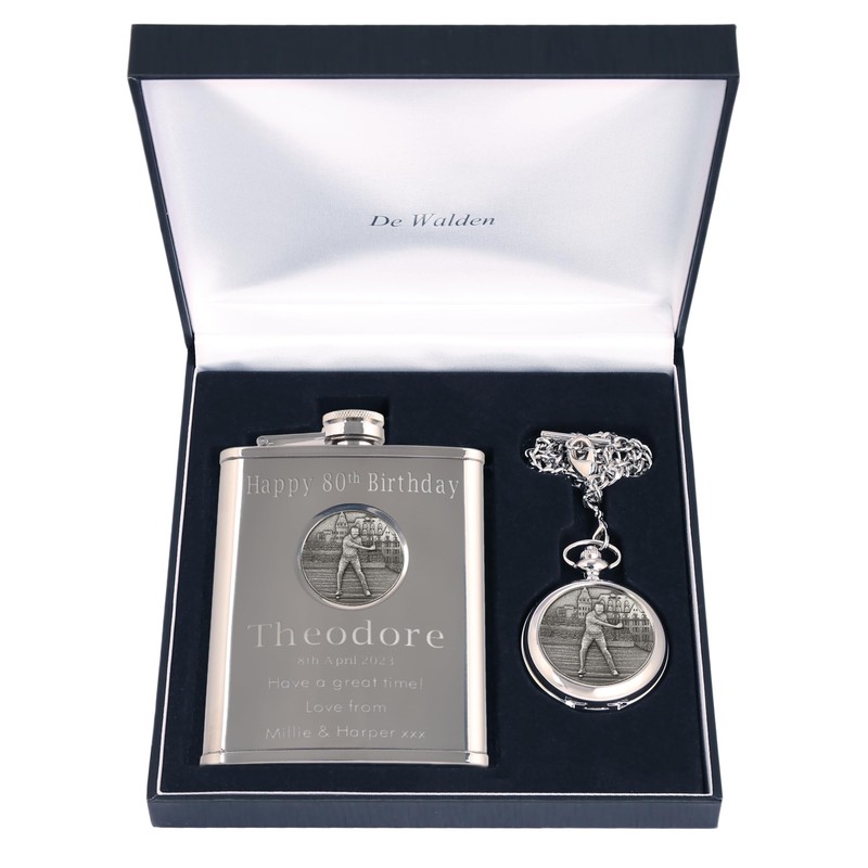 Engraved 80th Birthday Pewter Golf Feature Pocket Watch and Hip