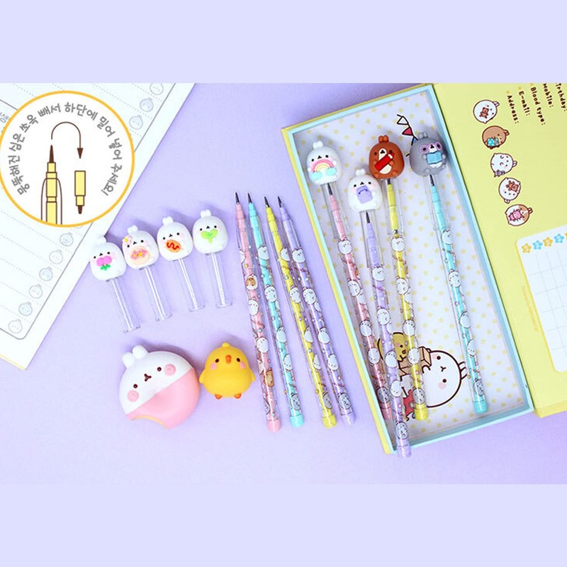 Molang Figure Cartridge Pencil 4pcs Set - Kawaii Korean Stationery,