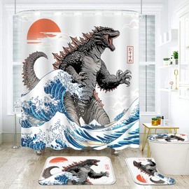 Wegklazax 4 PCS Japanese Anime Shower Curtain Sets Monster Bathroom Set Ocean Wave Shower Curtain Sets Bathroom Shower Curtain Decor Bathroom Decor with 12 Hooks (White, 72"x72")